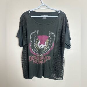 Denim & Supply Ralph Lauren Size M Black Graphic Tee with Lace Sleeves